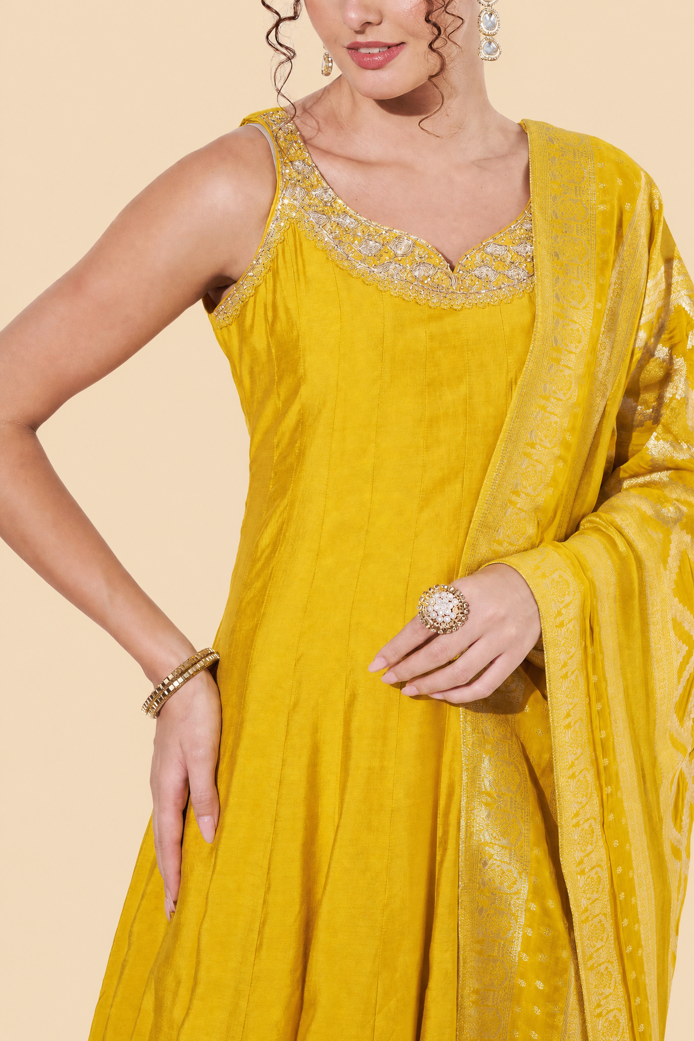 Yellow Embroidered Anarkali Suit with Zari Dupatta for Haldi