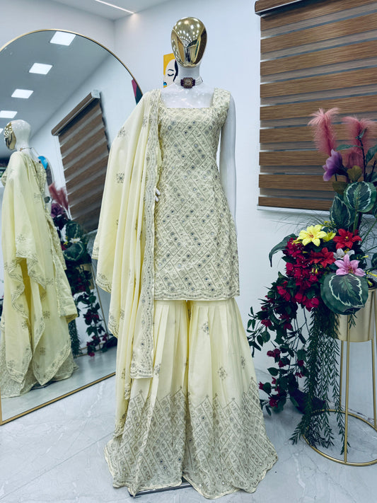 Admiring White Natural Crap Embroidery Sequence Work Sharara Suit With Dupatta