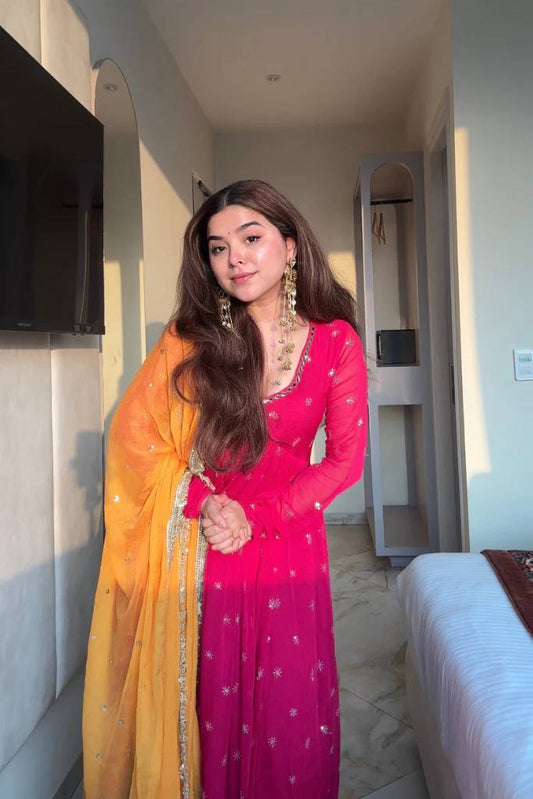 Aaria Rani Pink Anarkali Gown And Dupatta With Silver Embelishment For Function