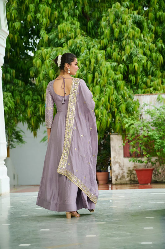 Adorning Lavender Sequins Embroidered Vichitra Silk Gown With Dupatta