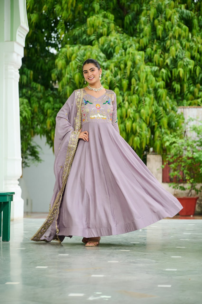 Adorning Lavender Sequins Embroidered Vichitra Silk Gown With Dupatta