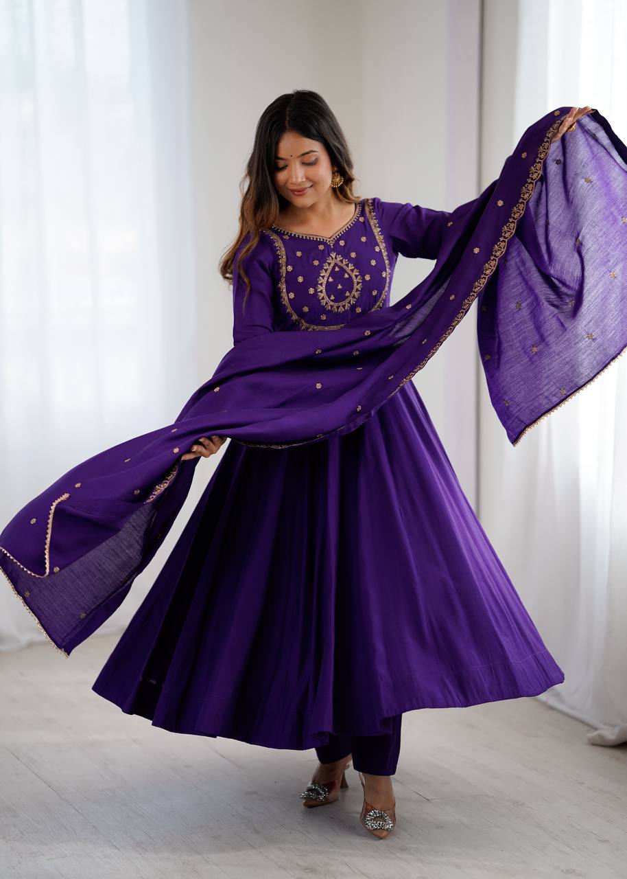Amoria Purple Fancy Hand Beads Work Anarkali Suit Set With Dupatta
