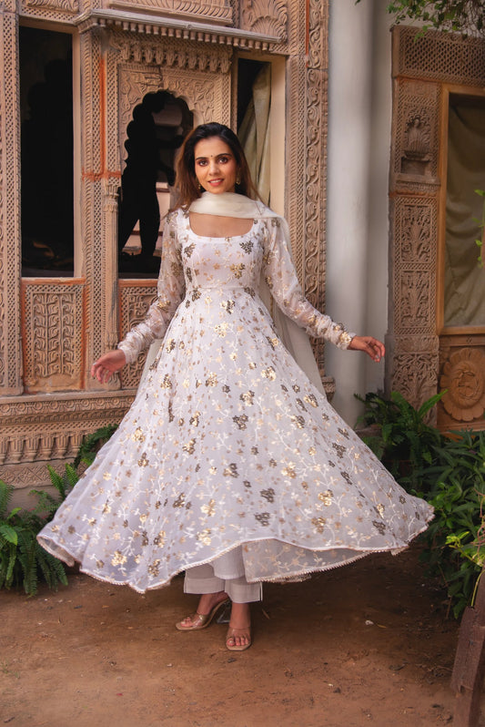 Aradhna White Georgette Embroidered Sequence Work Anarkali Suit For Festival