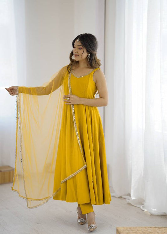 Attractive Yellow Color Roman Silk Lace Work Anarkali Suit