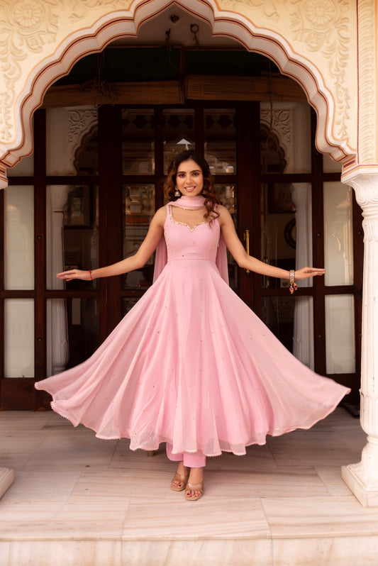 Baby Pink Color Georgette Three Piece Anarkali Suit