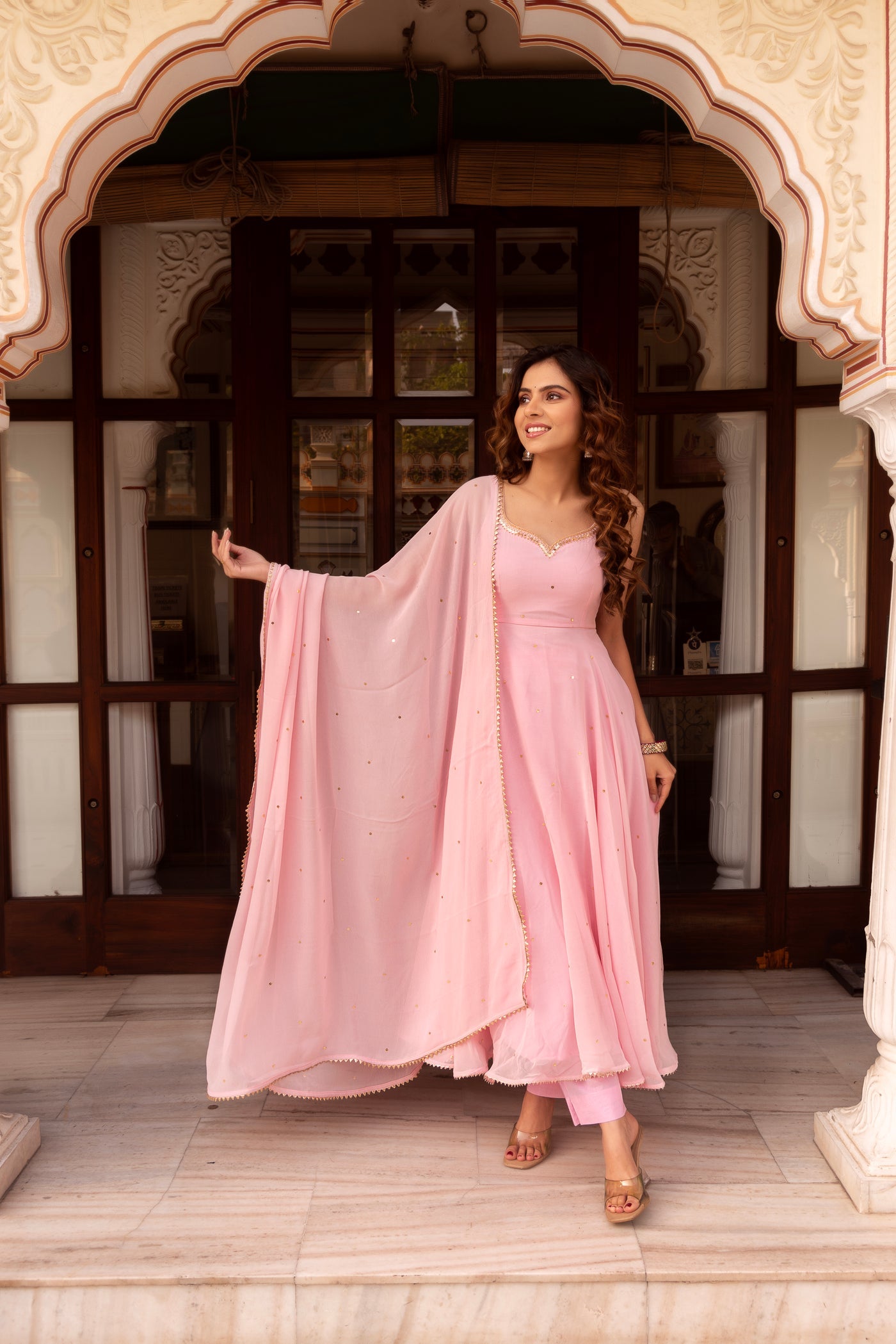 Baby Pink Color Georgette Three Piece Anarkali Suit Luxure Stitch Baby Pink Color Georgette Three Piece Anarkali Suit Luxure Stitch