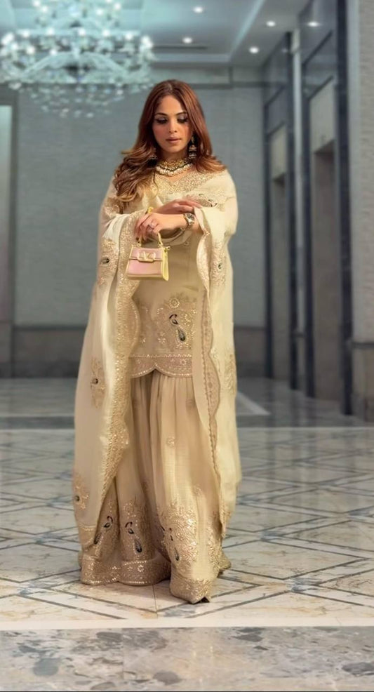 Beige Sharara Set With Sequence and Heavy Embroidery Work in Chinon With Dupatta