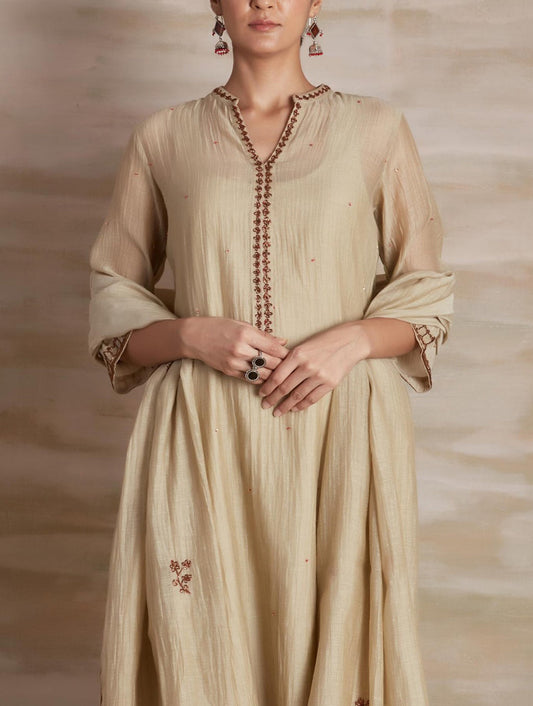 Biege Embroidered Chanderi Suit Set