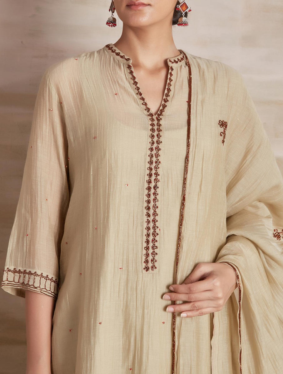 Biege Embroidered Chanderi Suit Set