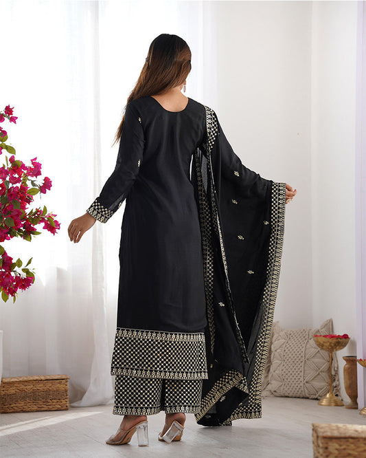 Black Color Chinon Silk Three Piece Palazzo Suit