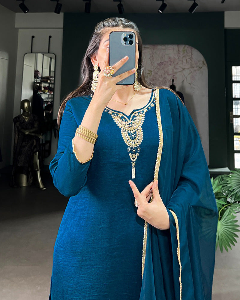 Blue Color Vichitra Silk Three Piece Salwar Suit