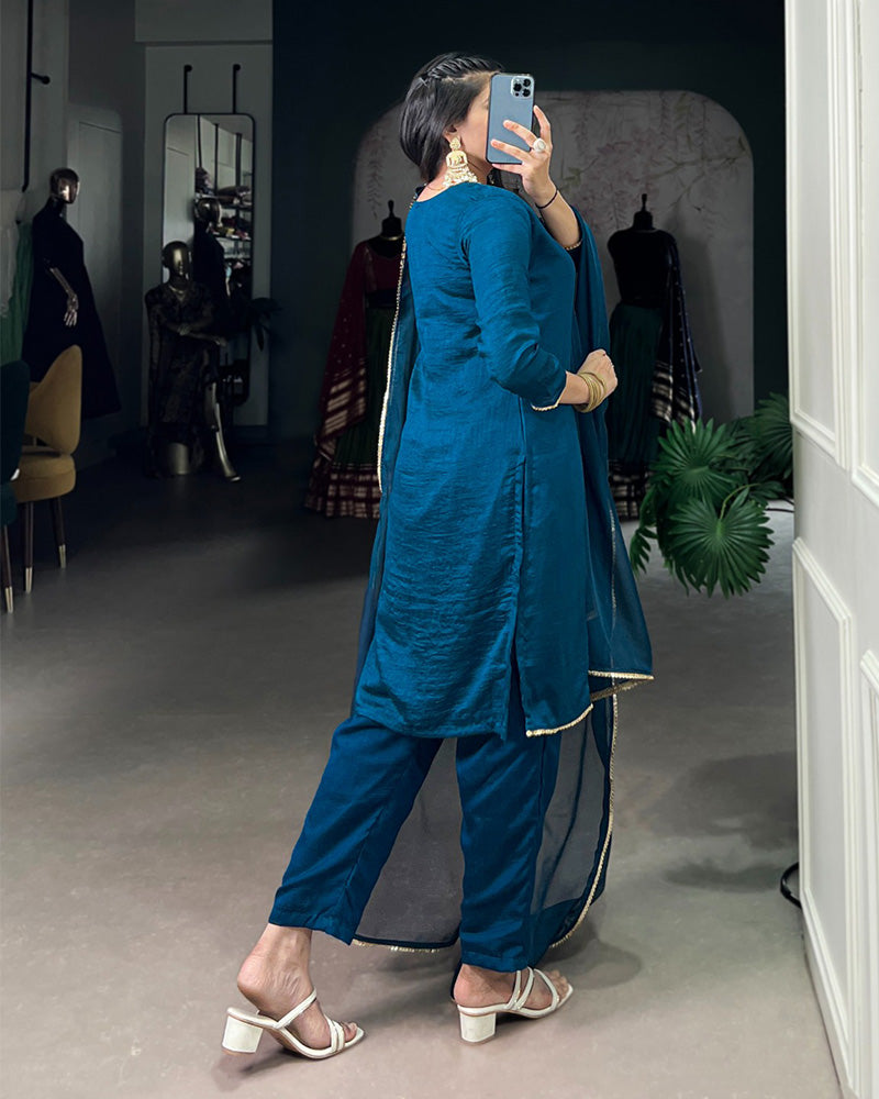 Blue Color Vichitra Silk Three Piece Salwar Suit