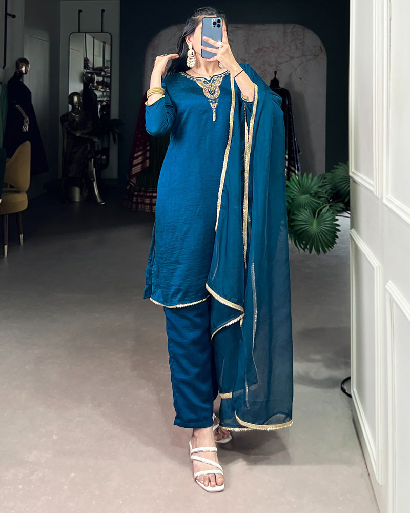 Blue Color Vichitra Silk Three Piece Salwar Suit