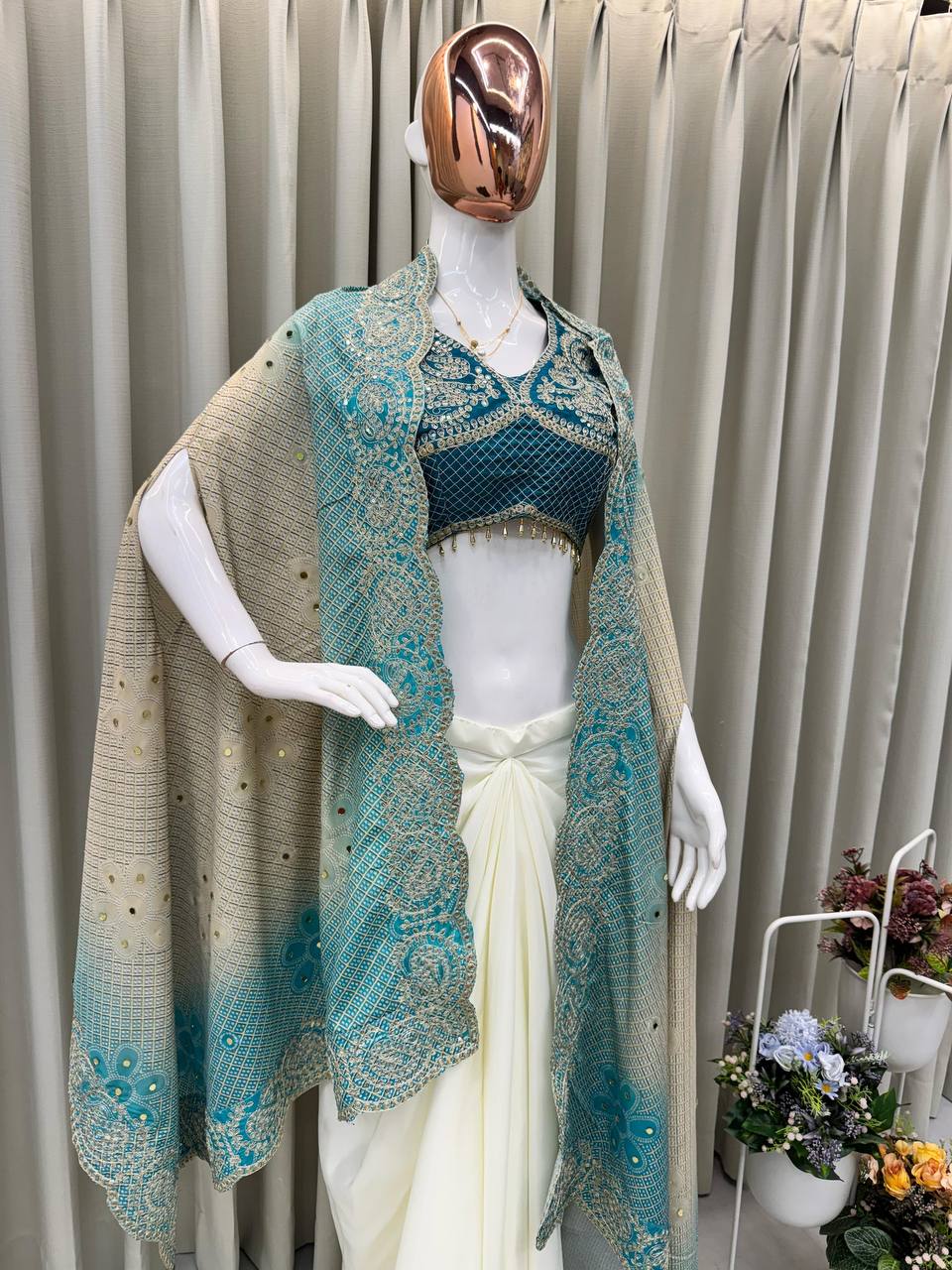 Blue Embroidered Blouse with Cream Drape Skirt & Matching Dupatta Indo Western