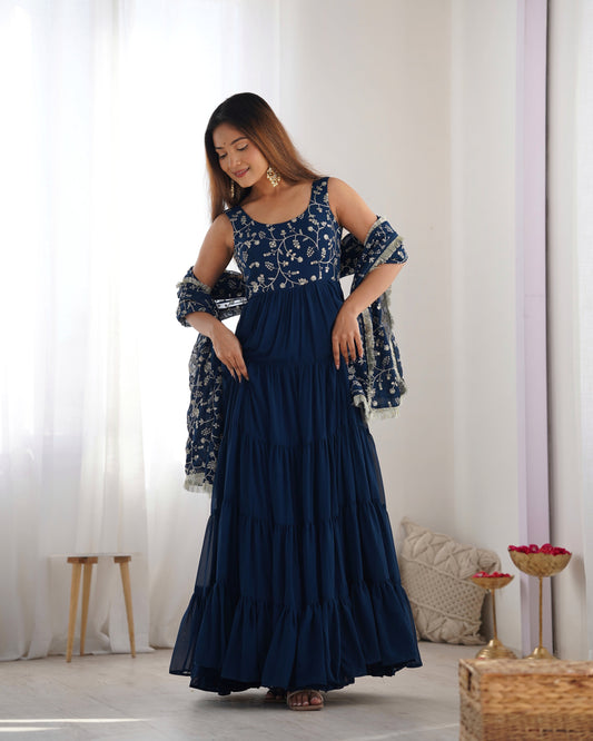 Navy Blue Georgette Gown With Dupatta