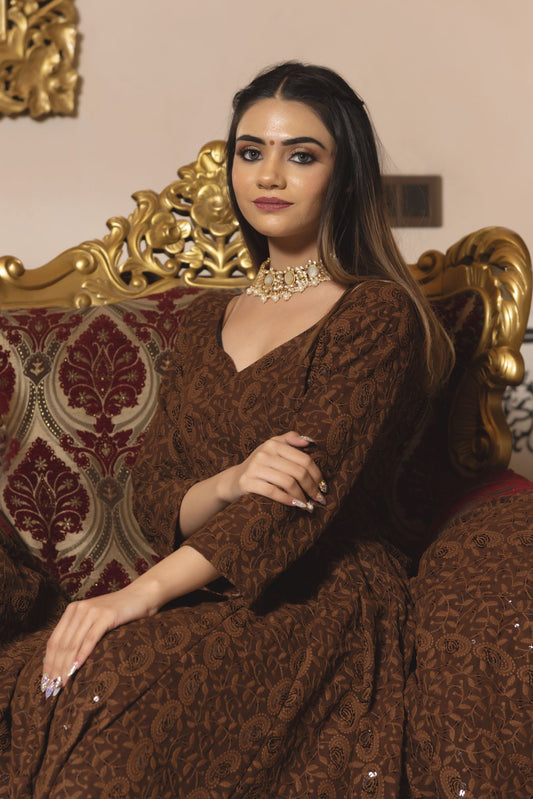 Brown Berry Chikankari Anarkali Suit Set With Dupatta For Wedding