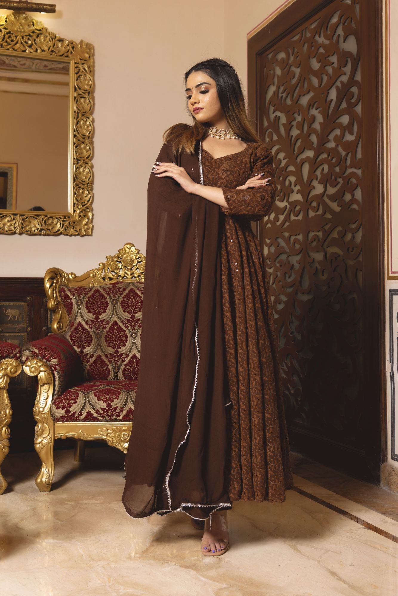 Brown Berry Chikankari Anarkali Suit Set With Dupatta For Wedding