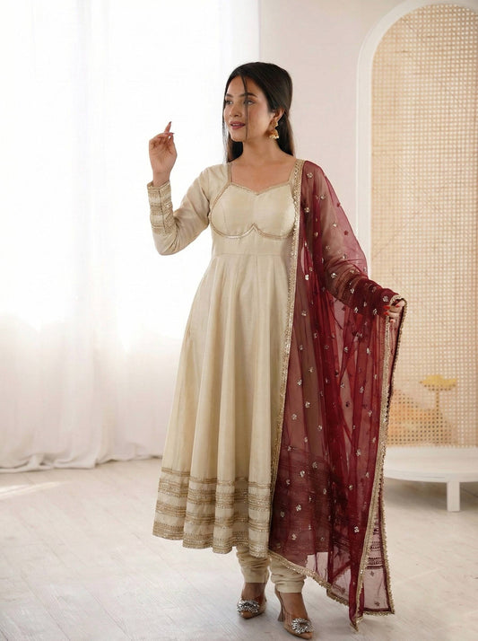 Cream Anarkali Suit with Maroon Embroidered Dupatta for Wedding