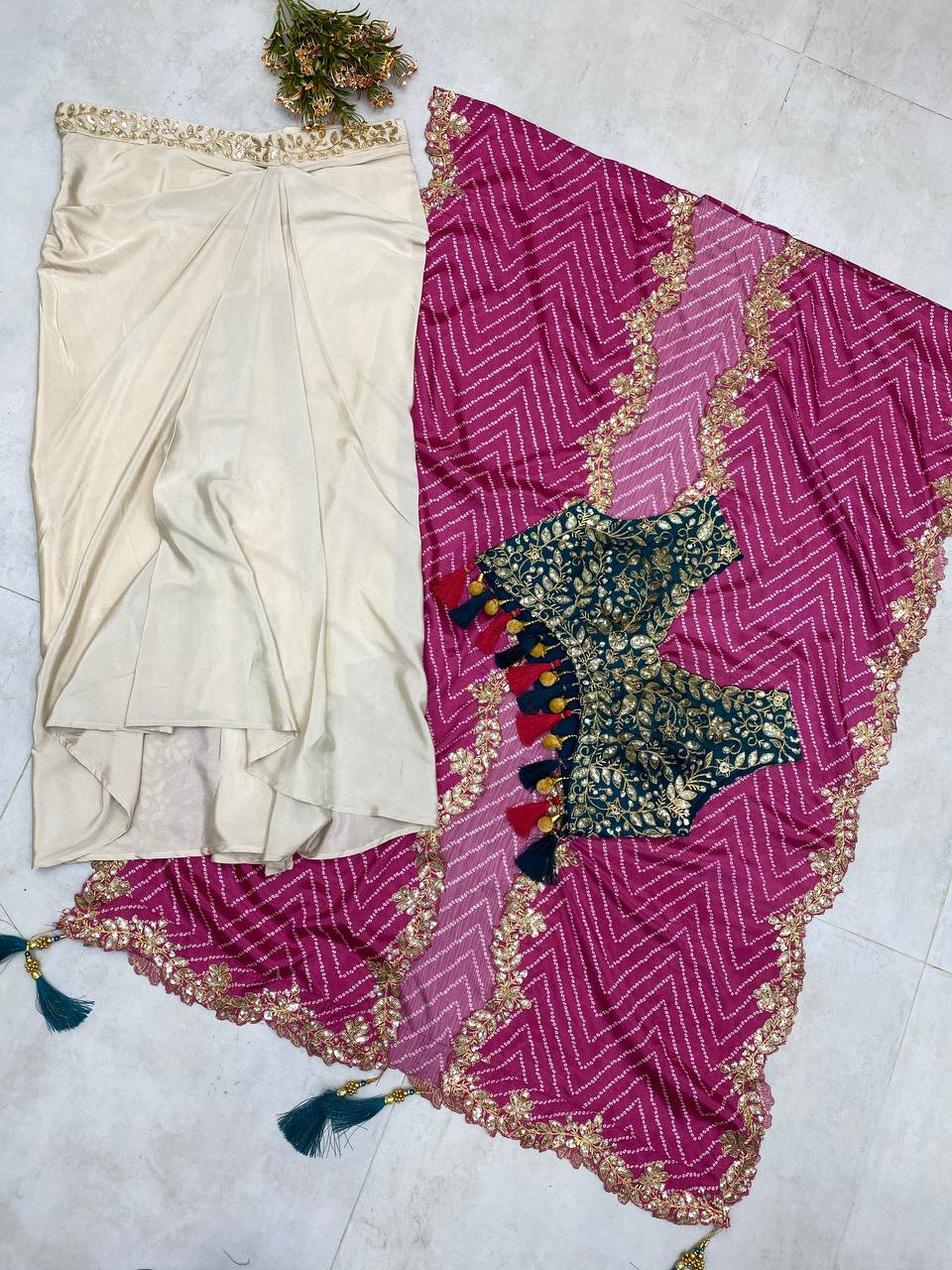 Cream Drape Skirt Set and Pink Shrug With Embroidered Western Look Outfit