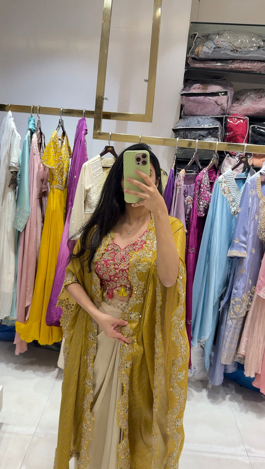 Cream Drape Skirt Set and Yellow Shrug With Embroidered Western Look Outfit