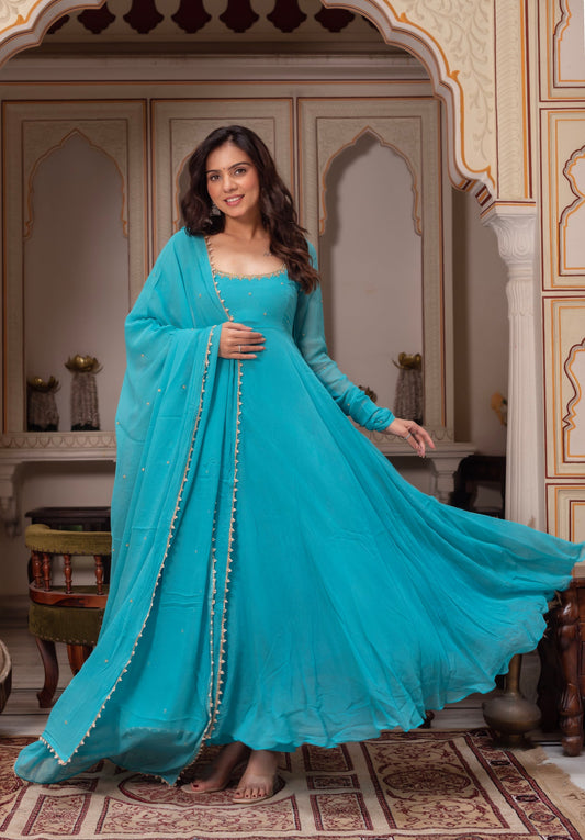 Designer Blue Georgette Anarkali Dress for Festive Wear