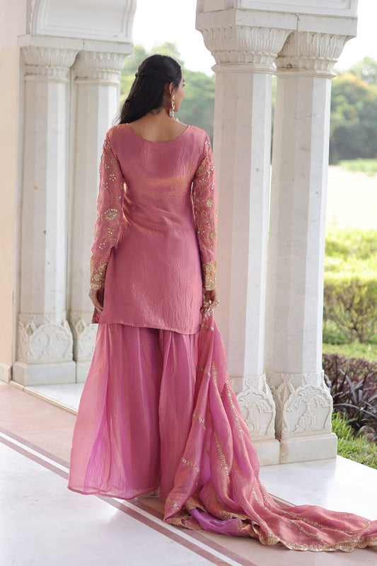 Designer Pink Georgette Embroidery Work Sharara Suit With Dupatta For Wedding