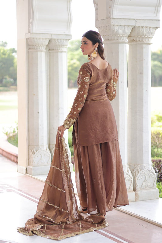 Dune Brown Heavy Embroidery Work Sharara Suit Set With Dupatta For Function