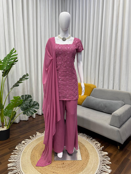 Dusty Pink Embroidery Work Kurti Palazzo Suit Set With Dupatta For Wedding