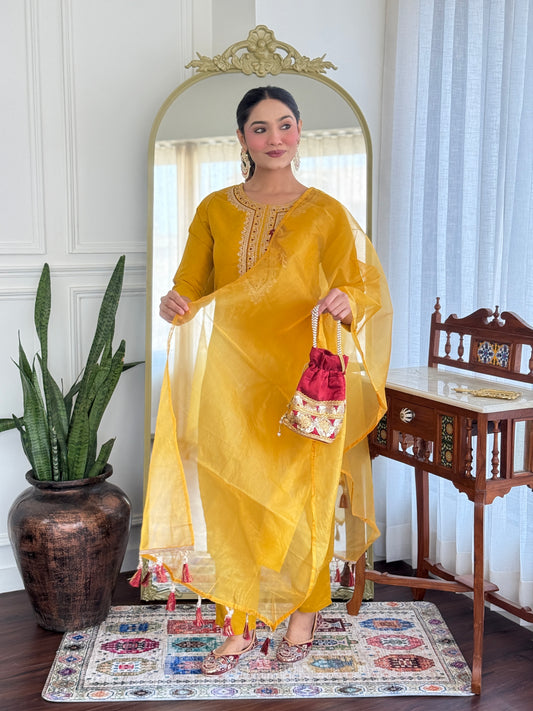 Ekani Yellow Embroidered Cotton Blend Straight Suit Set With Dupatta