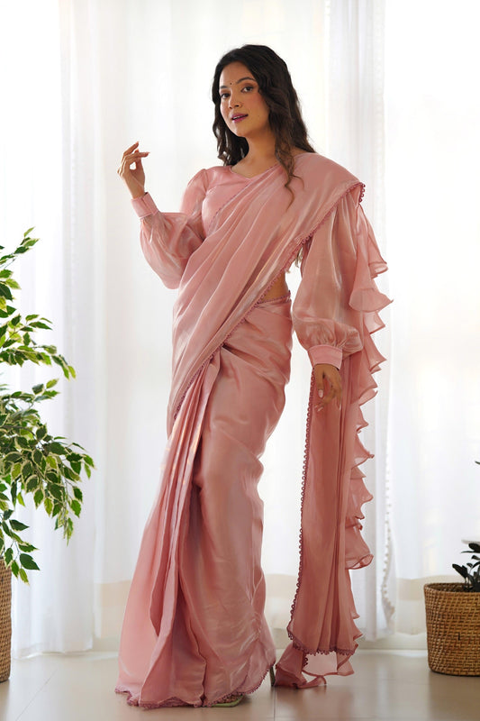 Elegant Pink Organza Fabric Ready-to-Wear Saree with Stitched Blouse