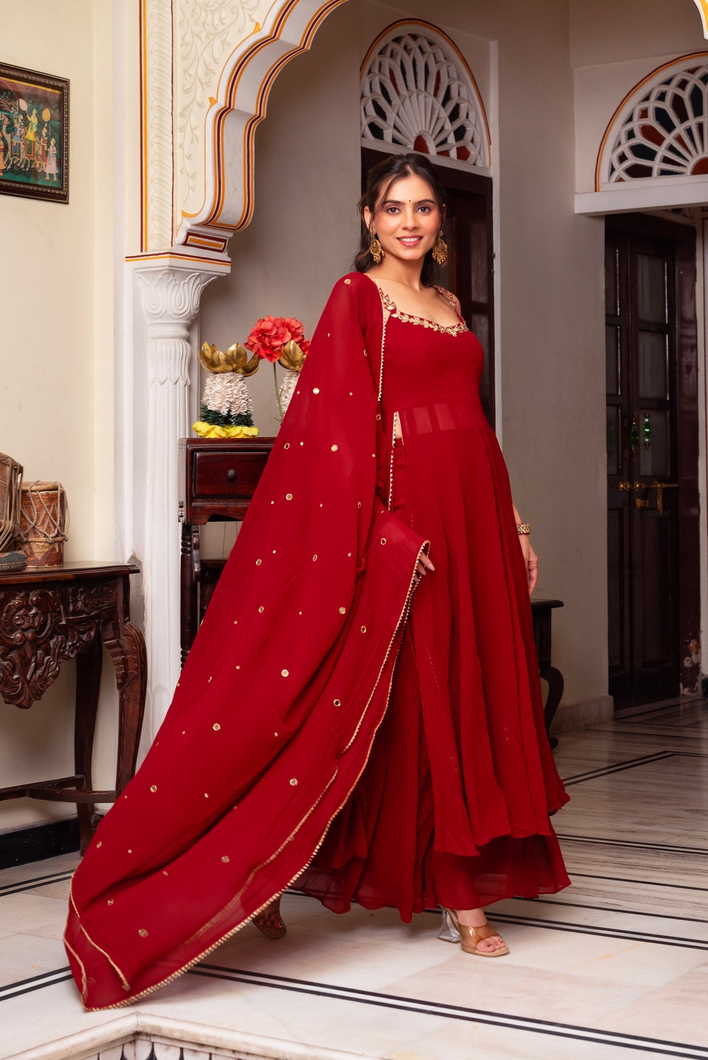 Elegant Red Georgette Anarkali Dress for Weddings Luxure Stitch Elegant Red Georgette Anarkali Dress for Weddings Luxure Stitch