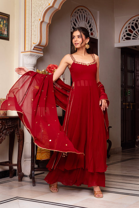 Elegant Red Georgette Anarkali Dress for Weddings