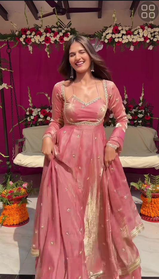 Elegant Dusty Pink Anarkali Gown For Wedding with Silver Embellishments