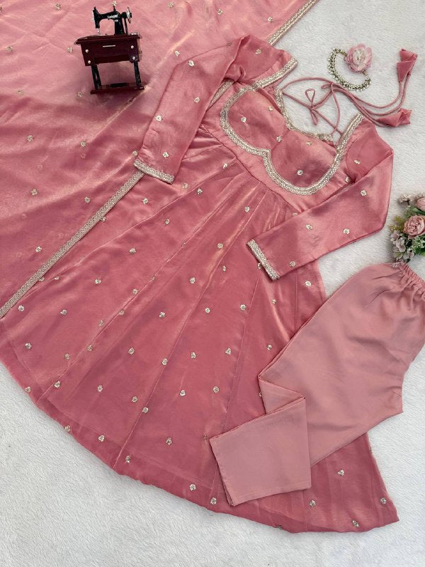 Elegant Dusty Pink Anarkali Gown For Wedding with Silver Embellishments