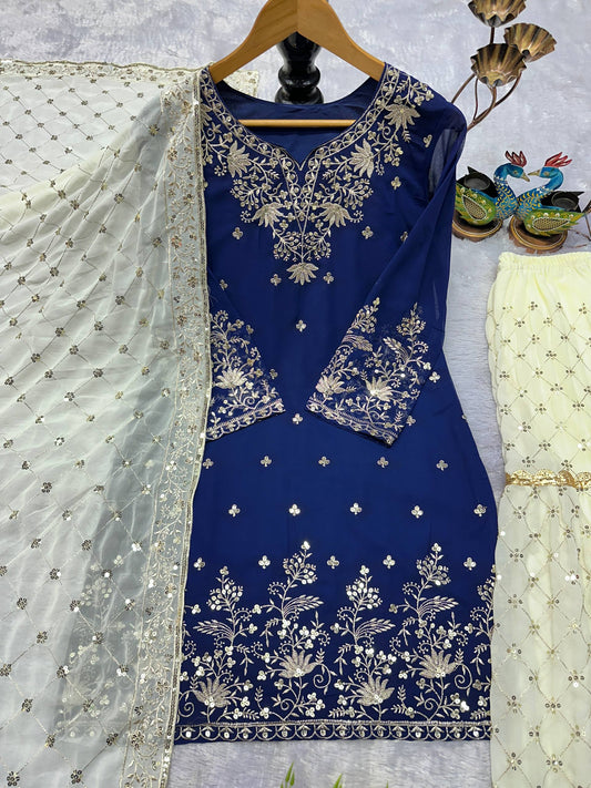 Elegant Royal Blue Georgette Sharara Suit with Sequin Embroidery