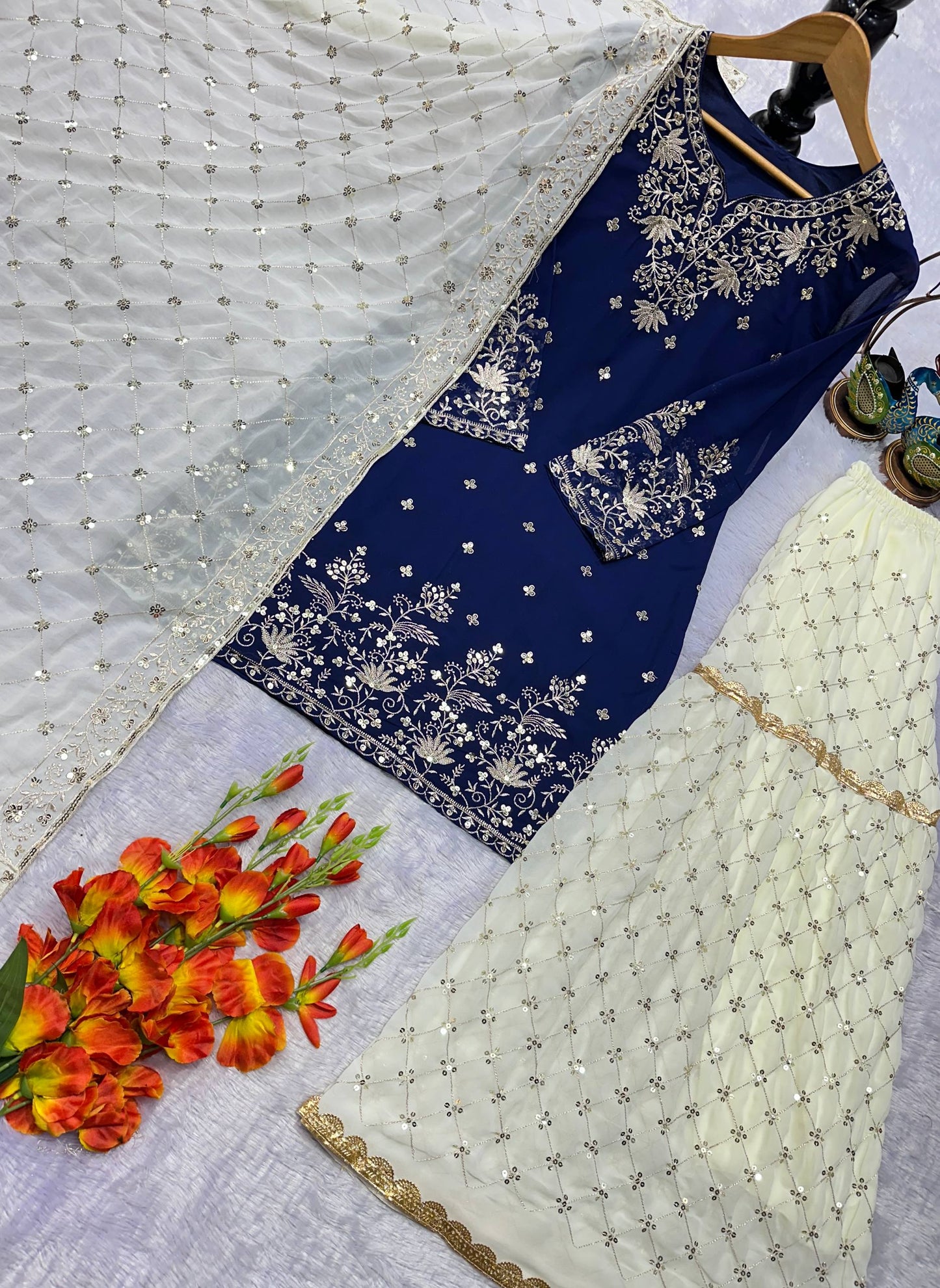 Elegant Royal Blue Georgette Sharara Suit with Sequin Embroidery