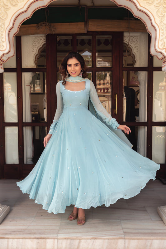 Elegant Sky Blue Anarkali Gown with Dupatta For Wedding
