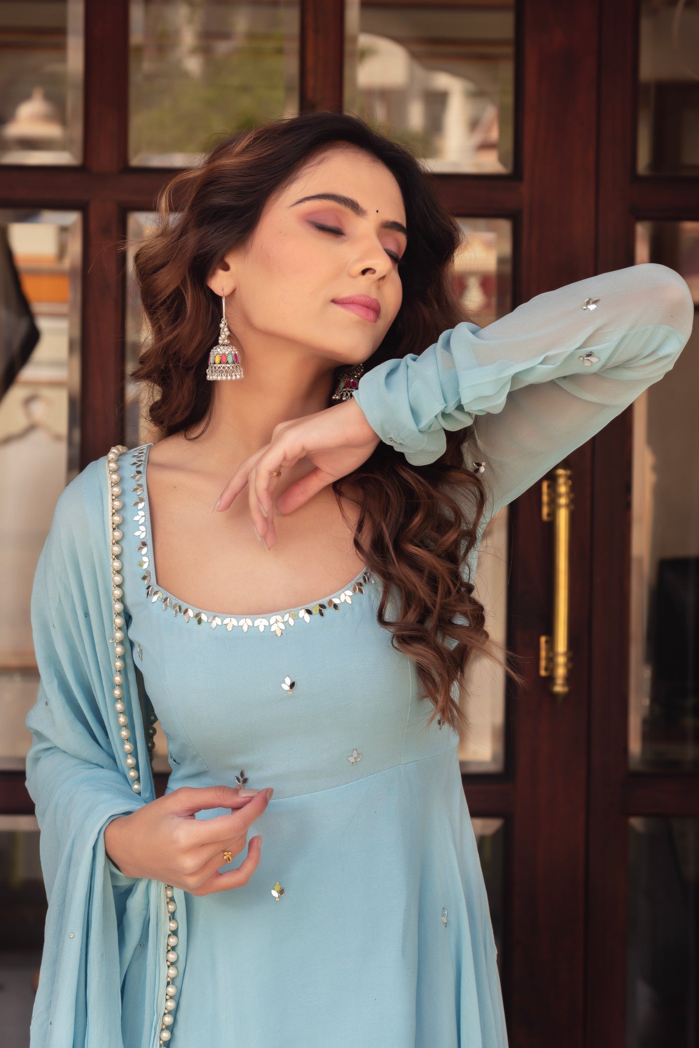 Elegant Sky Blue Anarkali Gown with Dupatta For Wedding