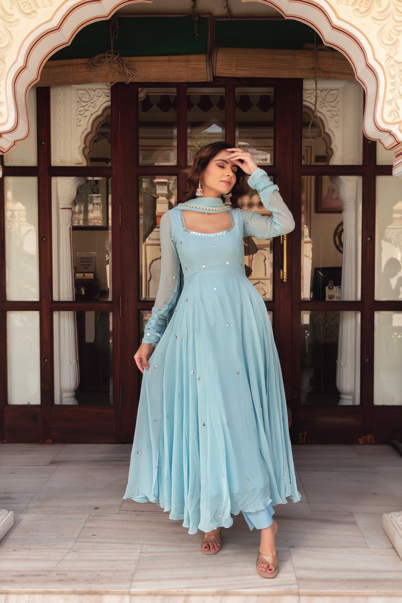 Elegant Sky Blue Anarkali Gown with Dupatta For Wedding