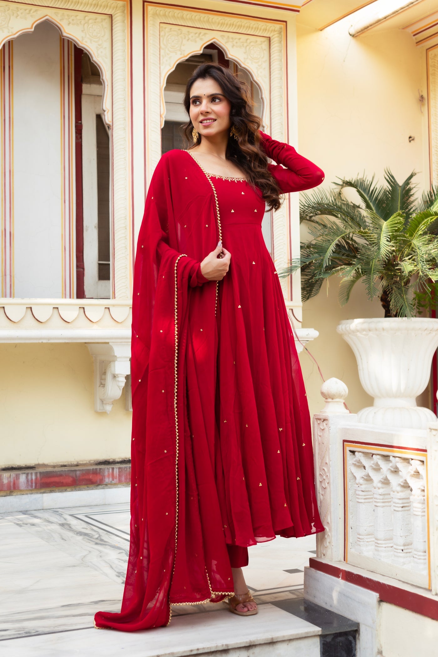 Festive Red Georgette Anarkali Suit with Dupatta Set