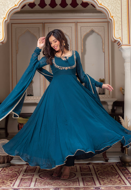 Festive Wear Teal Anarkali Suit in Georgette for Functions