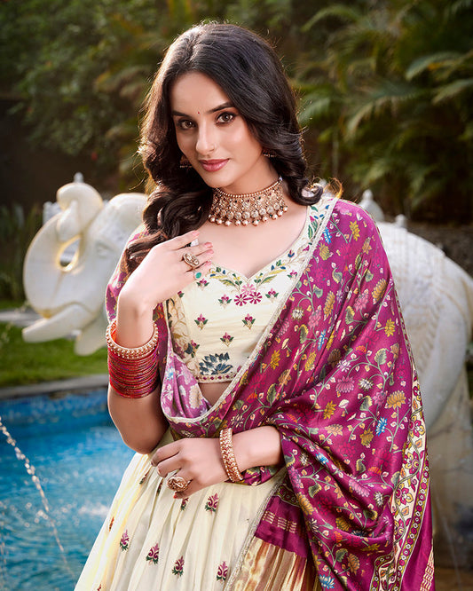 Flower Shape Off-White Color Cotton Lehenga Choli