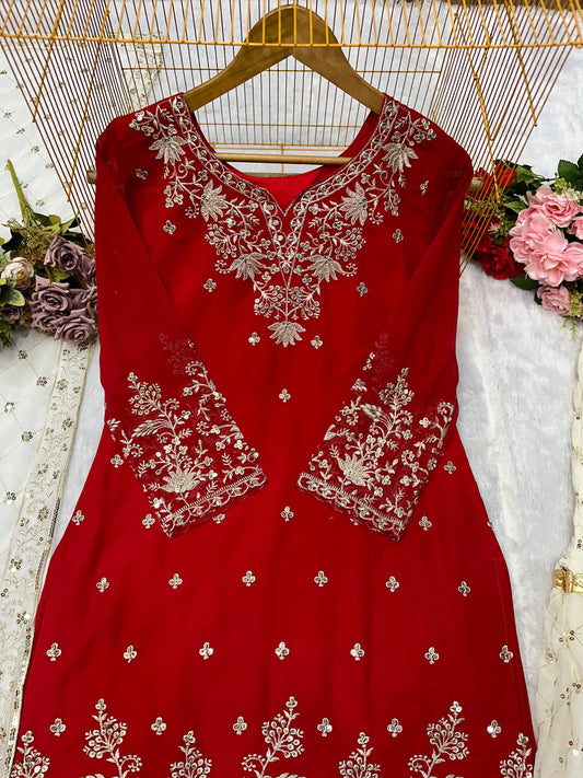 Full Heavy Embroidered Red Georgette Sharara Suit with Dupatta