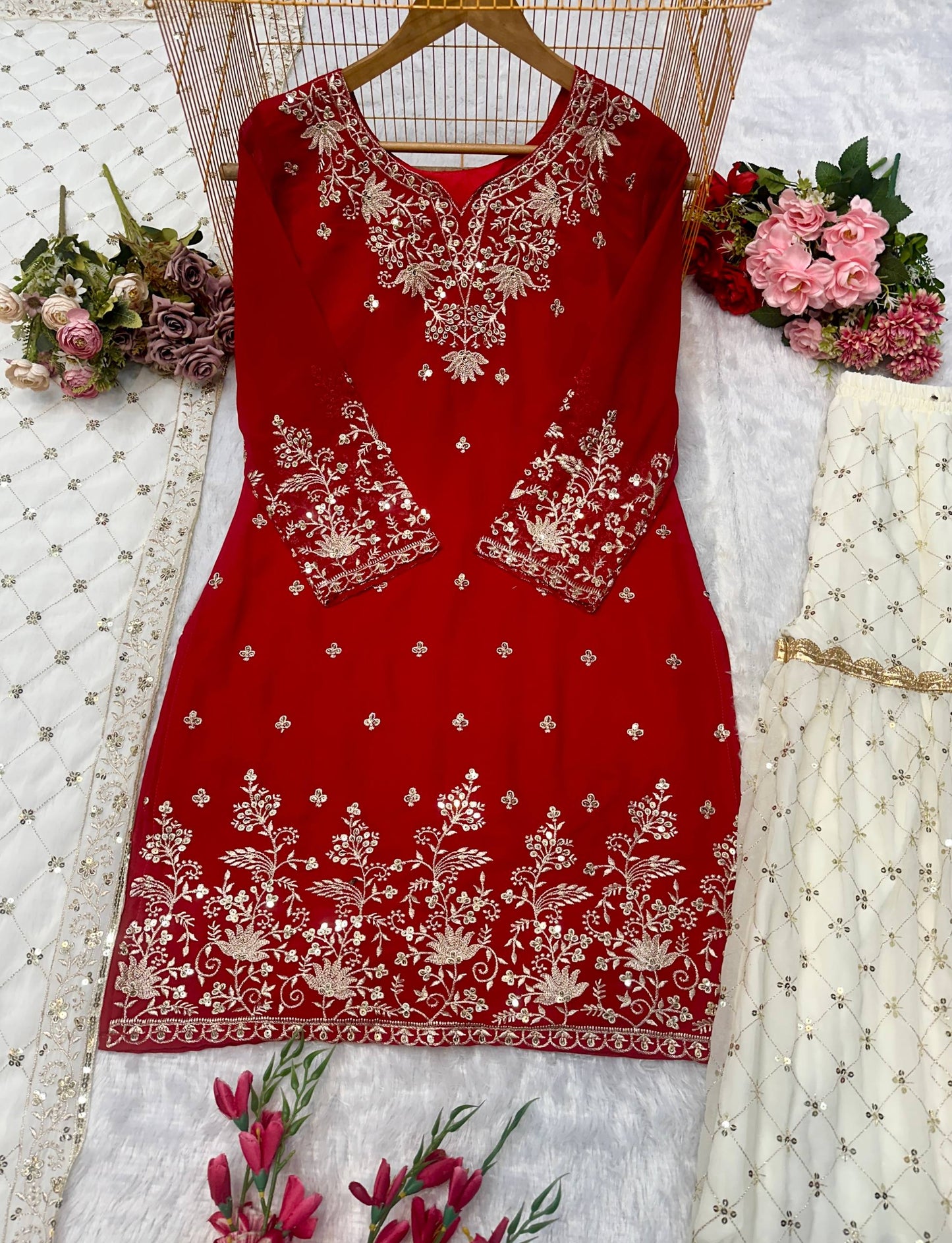 Full Heavy Embroidered Red Georgette Sharara Suit with Dupatta