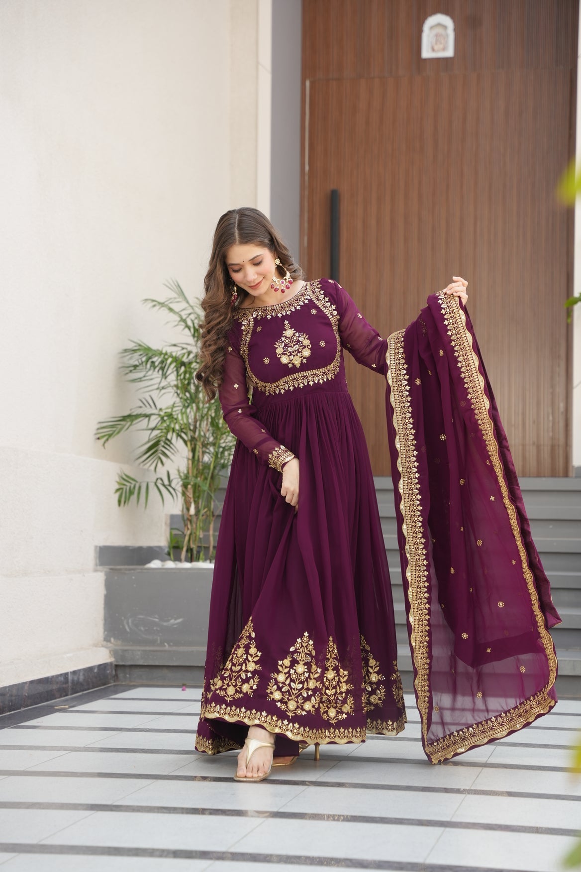 Georgette Embroidered Wine Gown For Women