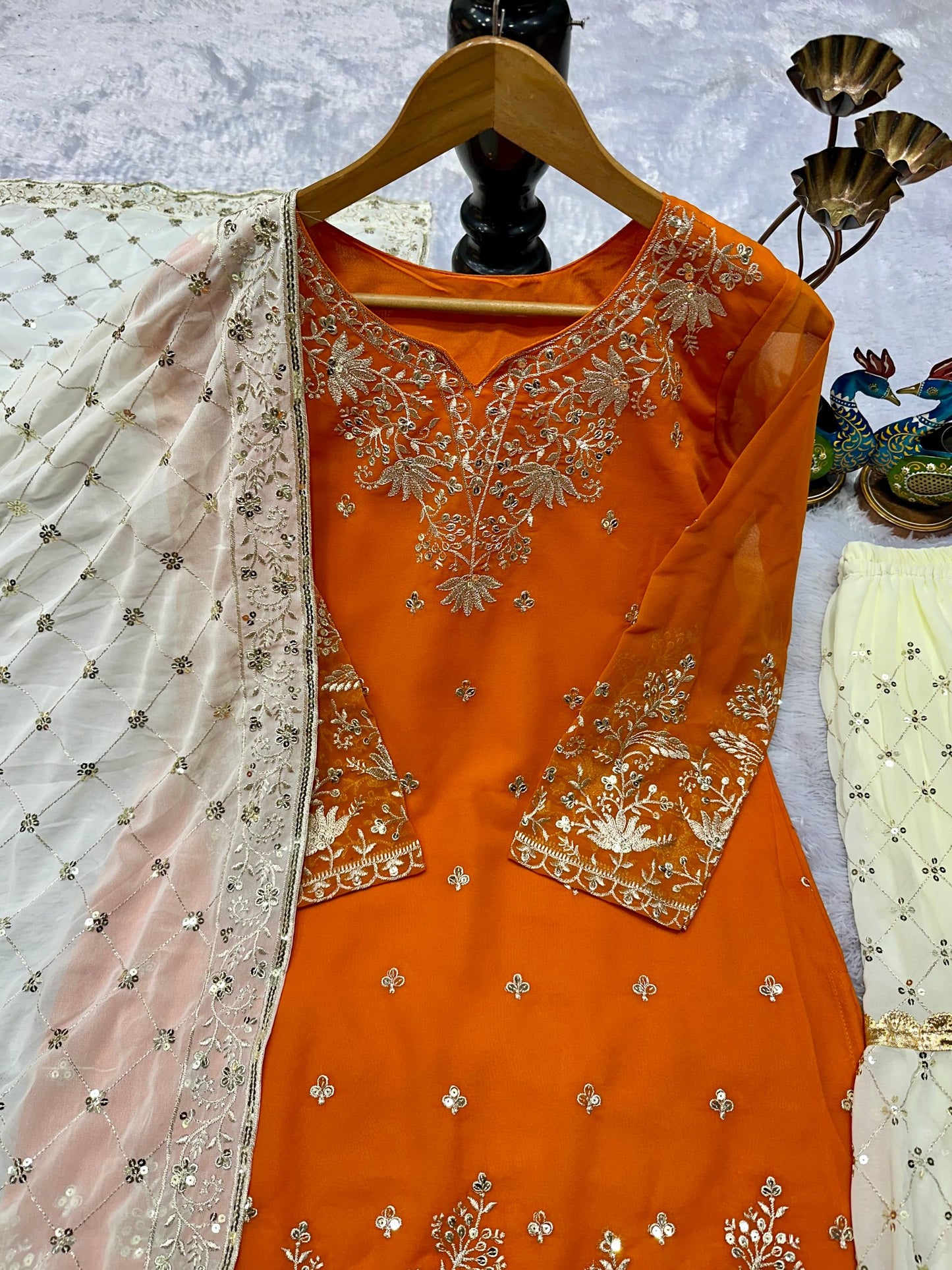Graceful Mustered Georgette Sharara Suit with Heavy Embroidery For Party & Reception Look