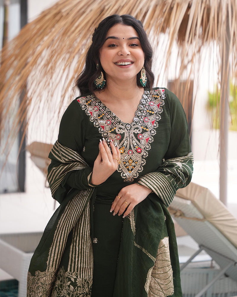 Green Color Roman Silk Embroidered Three Piece Palazzo Set