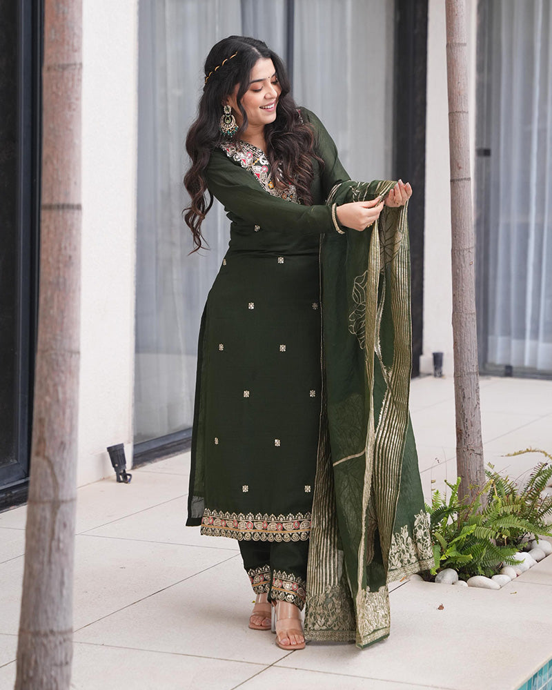 Green Color Roman Silk Embroidered Three Piece Palazzo Set