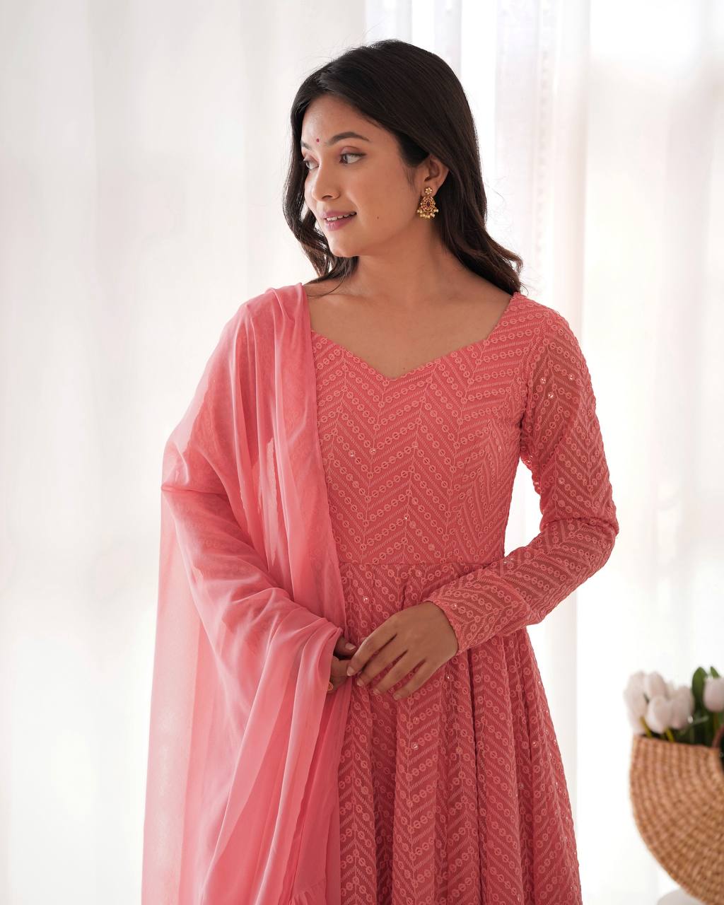 Incredible Peach Lucknawi Work Georgette Anarkali Suit With Ruffle Dupatta
