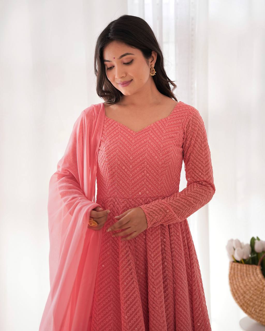 Incredible Peach Lucknawi Work Georgette Anarkali Suit With Ruffle Dupatta